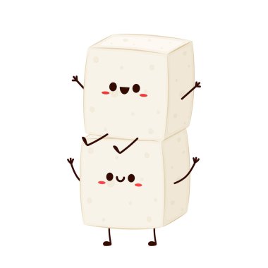 Cute tofu cartoon. Happy cute smiling funny tofu. character design. Vegetarian nutrition, healthy food.