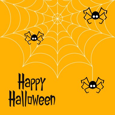 Happy Halloween text banner. Happy Halloween text design on orange background. Spider in Halloween day. Spider web.