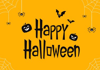 Happy Halloween text banner. Happy Halloween text design on orange background. Pumpkin, Bat and Spider in Halloween day.