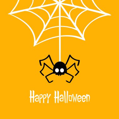 Spider hanging on spider web clipart. Vector illustration silhouette isolated on yellow background. Spider in halloween.