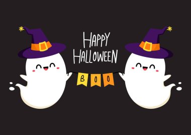 Happy Halloween banner. Halloween spooky cartoon vector. Flying ghost spirit holding bunting flag Boo. Happy Halloween. Scary white ghosts. Cute cartoon spooky character.