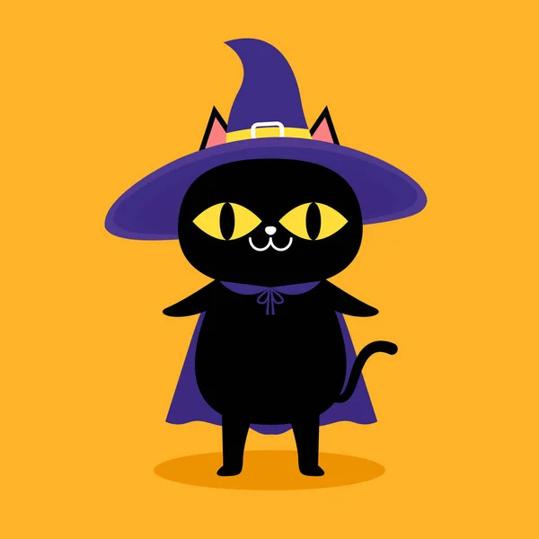 Cute Black Cat Witch Hat Sitting Halloween Day Black Cat — Archivo Imágenes Vectoriales