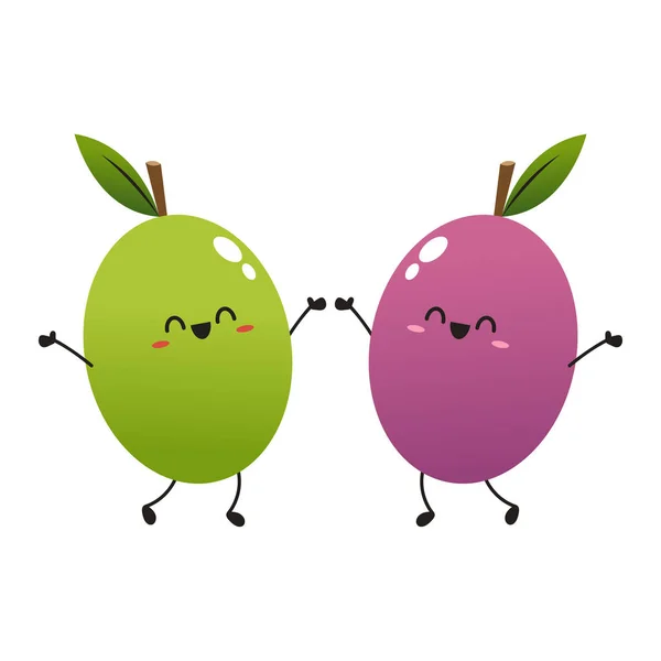 Prunes Cartoon Vector Prunes Character Design Fresh Plum Green Leaf — 图库矢量图片