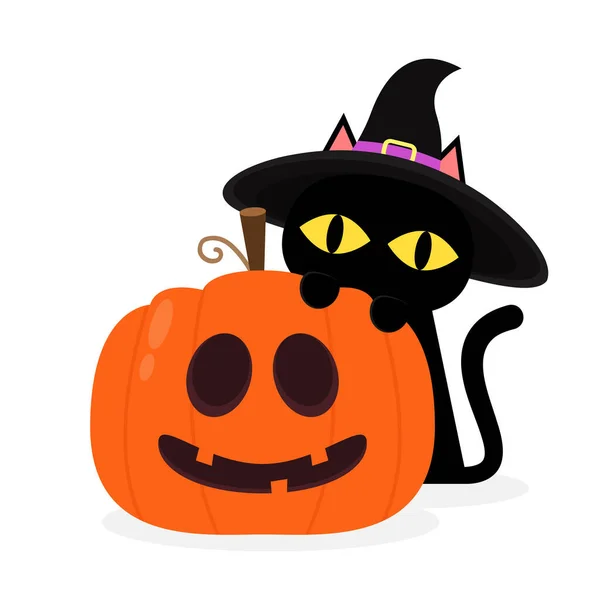 Cute Black Cat Pumpkin Head Halloween Day Happy Halloween Greeting — Image vectorielle
