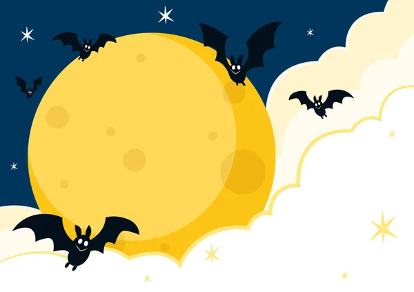 Halloween Banner Vector Halloween Background Illustration Flying Bats Moon Yellow — Stock Vector