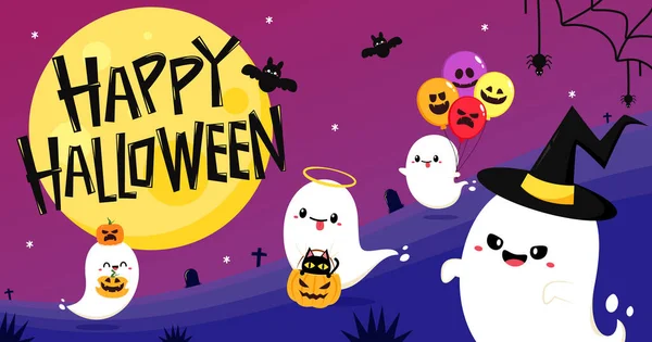 Šťastný Halloween Party Blahopřání Roztomilým Duchem Sváteční Kreslená Postava Trick — Stockový vektor