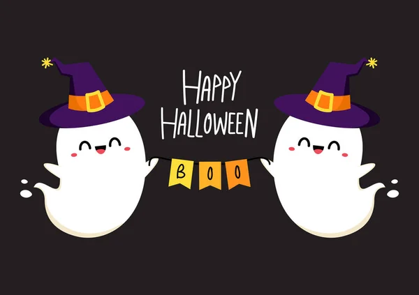 Happy Halloween Banner Halloween Spooky Cartoon Vector Flying Ghost Spirit — Vettoriale Stock