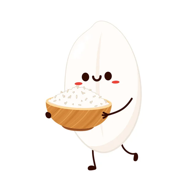 水稻卡通和米碗白色背景矢量插图 食肆精美食品吉祥物标志 — 图库矢量图片