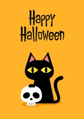 Happy halloween party greeting card with cute Black cat and skull. Holidays cartoon character. Trick or treat. Halloween funny cartoon.