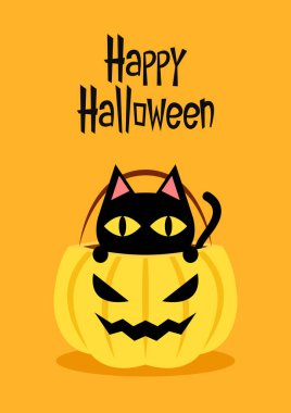 Happy halloween party greeting card with cute Black cat and skull. Holidays cartoon character. Trick or treat. Halloween funny cartoon.