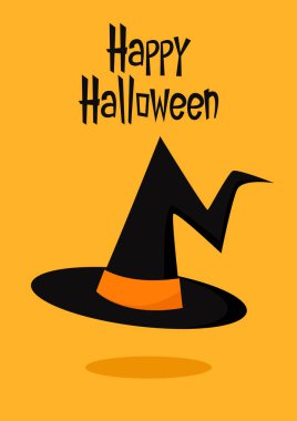 Halloween greeting card. Witch hat on orange background. Halloween traditional witch hat with strap in cartoon and flat style.