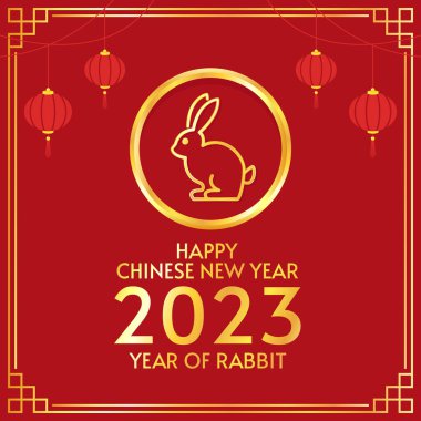 Mutlu Çin yeni yılı tebrik kartı 2023, şirin tavşanlı. Hayvan bayramı çizgi film karakteri. Tavşan simgesi vektörü.