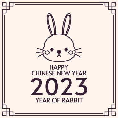 Mutlu Çin yeni yılı tebrik kartı 2023, şirin tavşanlı. Hayvan bayramı çizgi film karakteri. Tavşan simgesi vektörü.