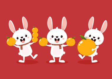 Happy Chinese new year greeting card 2023 with cute rabbit with oranges. Animal holidays cartoon character. Cute Rabbit on red background. Chinese New Year Mandarin Orange.