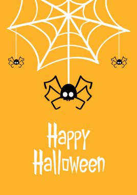 Happy Halloween text banner. Happy Halloween text design on orange background. Spider in Halloween day. Spider web.
