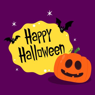 Happy halloween greeting card with cute pumpkin. Holidays cartoon character. Halloween pumpkin head vector.