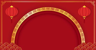 2023 yılınız kutlu olsun. Çin yeni yıl afişi, gösteri için daire şeklinde. Tebrik kartı. Kırmızı zemin üzerinde fener bulunan Çin çerçevesi.