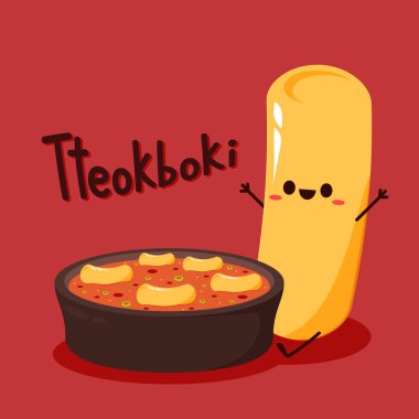 Tteokbokki logosu Kore sokak yemekleri. Basit vektör logosu sosisi. Tteokbokki Kore yemeğidir..
