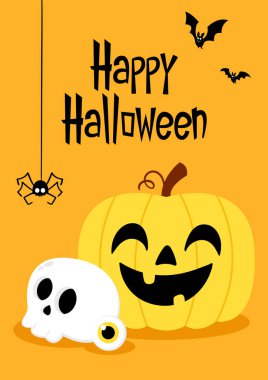 Happy halloween party greeting card with cute Skull and Pumpkin head. Holidays cartoon character. Trick or treat. Halloween funny cartoon.