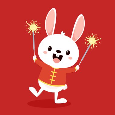 Mutlu Çin yeni yılı tebrik kartı 2023, şirin tavşanlı. Hayvan bayramı çizgi film karakteri. Tavşan simgesi vektörü.