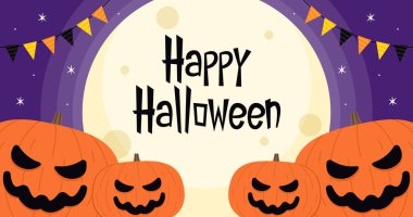 Happy halloween banner design. Happy halloween greeting card with cute pumpkin. Holidays cartoon character. cartoon vector.