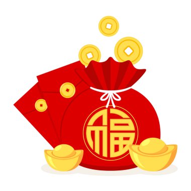 Chinese New Year Money pocket vector. Chinese money bag vector. Vector flat long shadow design. word 