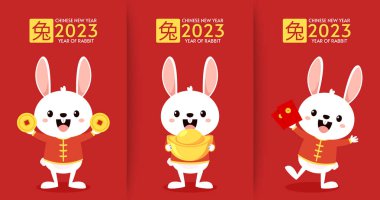 Happy Chinese new year greeting card 2023 with cute rabbit. Animal holidays cartoon character. Rabbit icon vector. Year of Rabiit.