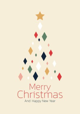 Mutlu Noel posterleri. Yeni yıl tebrik kartı tasarımı ve stilize Noel ağacı. Vektör illüstrasyonu.