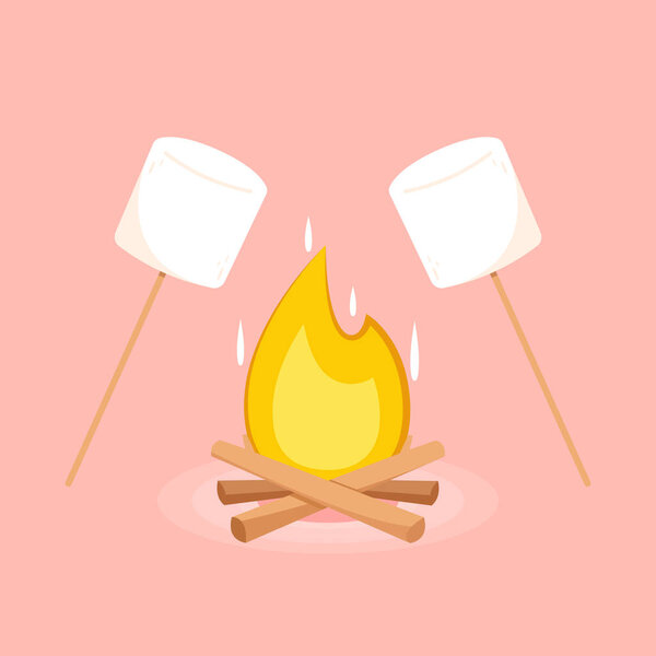 Burned Marshmallows. Marshmallow stick and Bonfire vector.