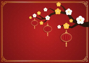 2023 yılınız kutlu olsun. Çin yeni yıl afişi, gösteri için daire şeklinde. Tebrik kartı. Kırmızı zemin üzerinde fener bulunan Çin çerçevesi.