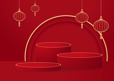 Çin Yeni Yılı ve Festivalleri için Çin usulü podyum sahnesi. Mutlu Çin yeni yılı 2022. Çin yeni yıl afişi, gösteri için daire şeklinde. Tebrik kartı. Kırmızı fenerli Çin çerçevesi.