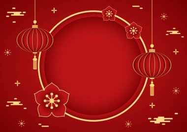 2023 yılınız kutlu olsun. Çin yeni yıl afişi, gösteri için daire şeklinde. Tebrik kartı. Kırmızı zemin üzerinde fener bulunan Çin çerçevesi.