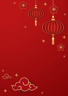 2023 yılınız kutlu olsun. Çin yeni yıl afişi, gösteri için daire şeklinde. Tebrik kartı. Kırmızı zemin üzerinde fener bulunan Çin çerçevesi.