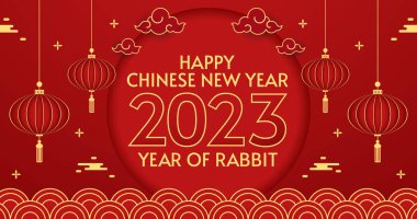 Mutlu Çin yeni yılı tebrik kartı 2023, şirin tavşanlı. Hayvan bayramı çizgi film karakteri. Çin yeni yılı 2023 afişi. Şablon.