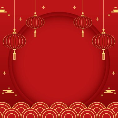 2023 yılınız kutlu olsun. Çin yeni yıl afişi, gösteri için daire şeklinde. Tebrik kartı. Kırmızı zemin üzerinde fener bulunan Çin çerçevesi.