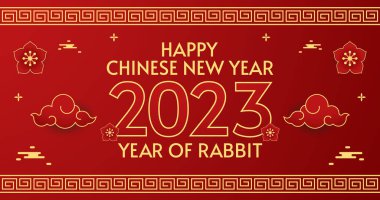 Mutlu Çin yeni yılı tebrik kartı 2023, şirin tavşanlı. Hayvan bayramı çizgi film karakteri. Çin yeni yılı 2023 afişi. Şablon.