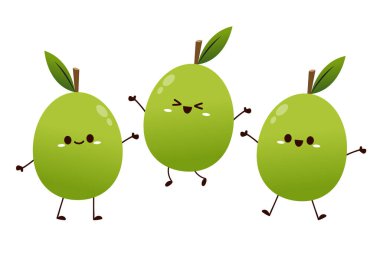 Yeşil Buruşuk çizgi film vektörü. Karakter tasarımı. Çizgi film tarzında yeşil yapraklı taze erik. Vektör bütünü ve parçaları tatlı erik beyaz bir arkaplan izole.