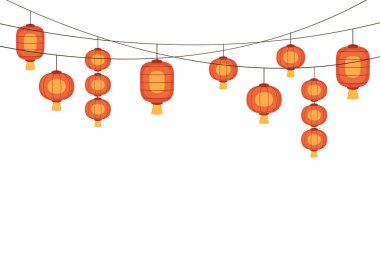 2023 yılınız kutlu olsun. Çin yeni yıl afişi, gösteri için daire şeklinde. Tebrik kartı. Kırmızı zemin üzerinde fener bulunan Çin çerçevesi.