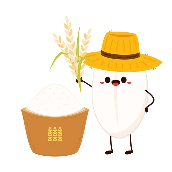 Rijst Karakter Ontwerp Rijstvector Witte Achtergrond Rijstzaad Boerenhoedenvector — Stockvector