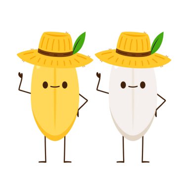 Pirinç karakter tasarımı. Beyaz arka planda pirinç vektörü. pirinç tohumu. Köylü şapka vektörü.