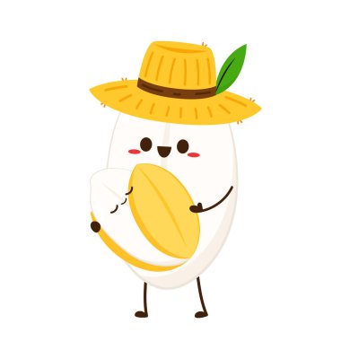 Pirinç karakter tasarımı. Beyaz arka planda pirinç vektörü. pirinç tohumu. Köylü şapka vektörü.