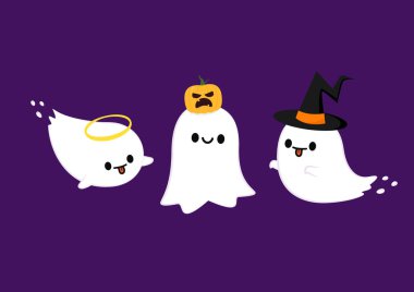Happy halloween party greeting card with cute ghost. Holidays cartoon character. Cute spooky ghosts. Spooky ghosts in a halloween hat