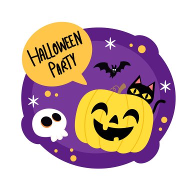 Happy halloween greeting card with cute pumpkin. Holidays cartoon character. Halloween pumpkin head vector.