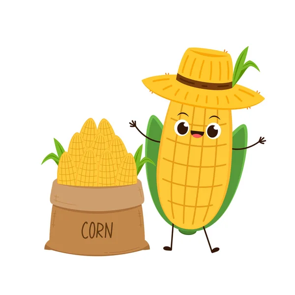 Corn Vector Dibujos Animados Carácter Lindo Vector Vegetal Aislado Blanco — Archivo Imágenes Vectoriales