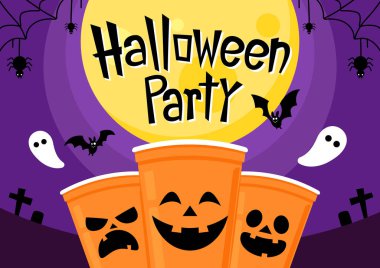 Plastik bardakta cadılar bayramı yüzü. Parti bardağı izole. arka plan, vektör illüstrasyonu. Cadılar Bayramı bira bardağı vektörü. Bira tenisi. Plastik bardakta Cadılar Bayramı yüzü.