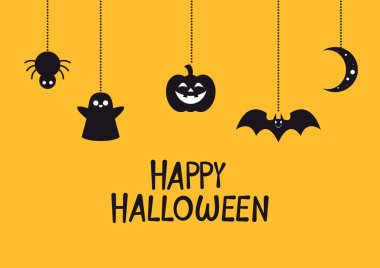 Cadılar Bayramı arka plan çizimin kutlu olsun. Cadılar Bayramı süsleri sarı arkaplanda asılı.