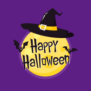 Cadılar Bayramı afişi. Cadılar Bayramı 'nda Ay' ın üzerinde uçan yarasaların resmedildiği bir arka plan. Sarı ay. Ay 'da Cadı Şapkası.