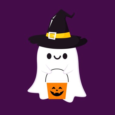 Cadılar Bayramı 'nda şeker mi şaka mı için balkabağı sepeti taşıyan şirin bir hayalet. Tuhaf, ürkünç, yuhalama karakteri. Gülen surat ifadeli hayalet. İzole çocuklar düz vektör çizimi.