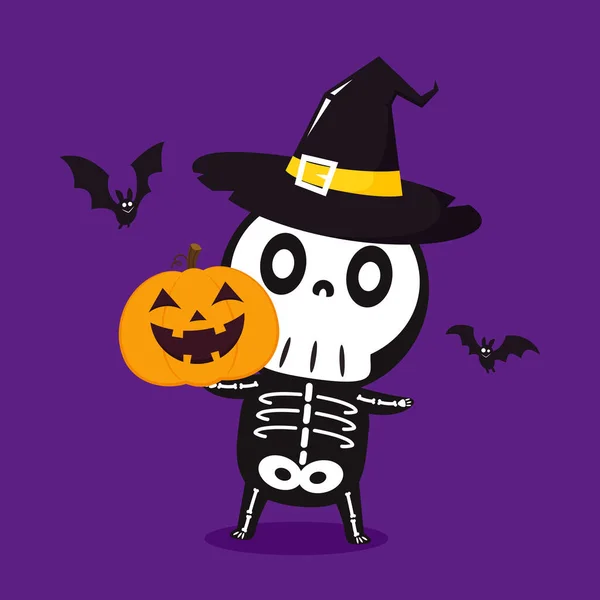 Mignon Squelette Halloween Tête Citrouille Dessin Animé Squelette Dans Jour — Image vectorielle