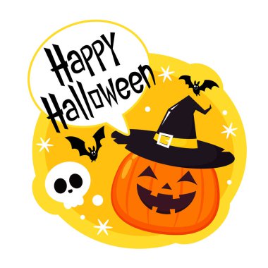 Happy halloween greeting card with cute pumpkin. Holidays cartoon character. Halloween pumpkin head vector.